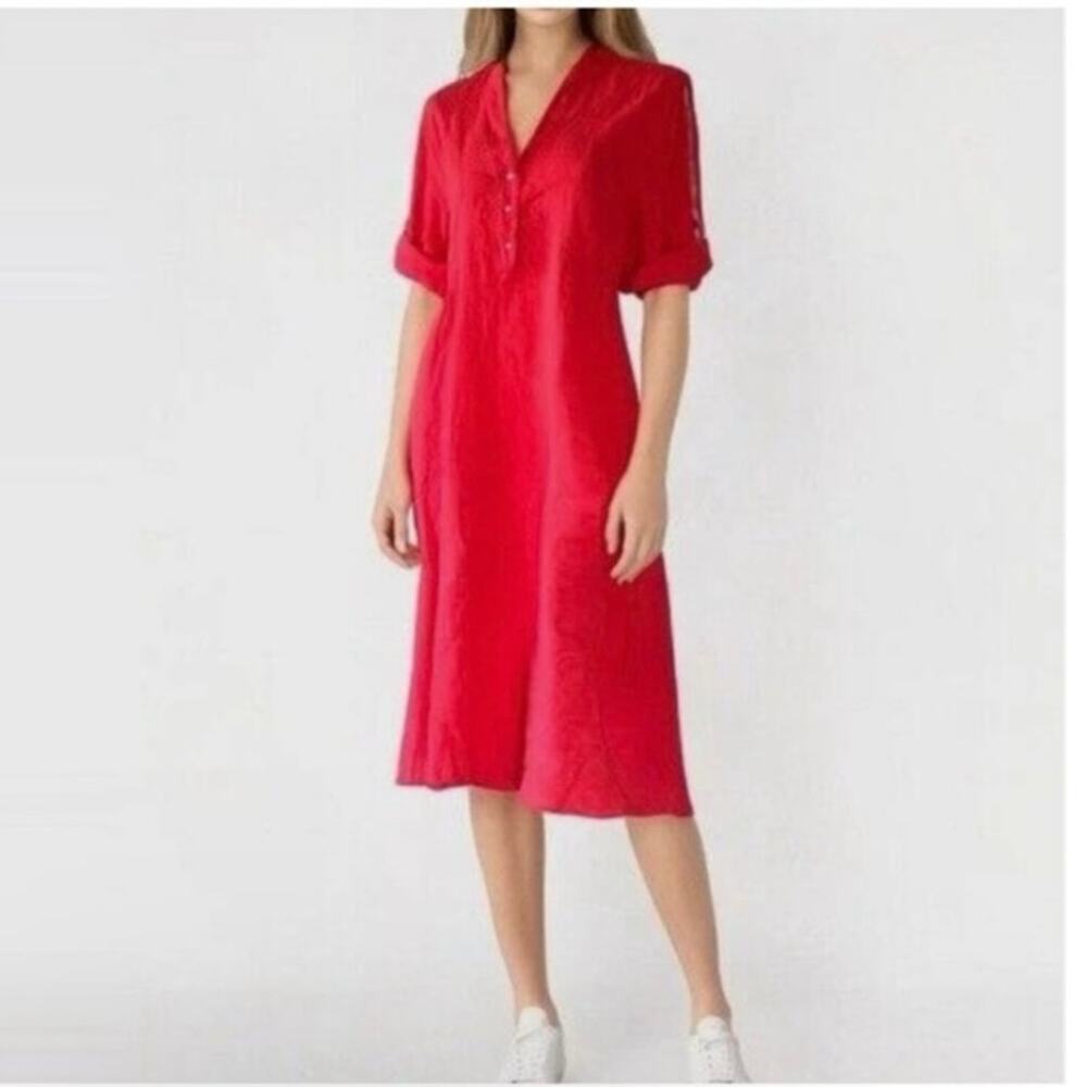 Francesca Bettini Women's Red Linen Blend V Neck Shirt Dress Lightweight Pockets
